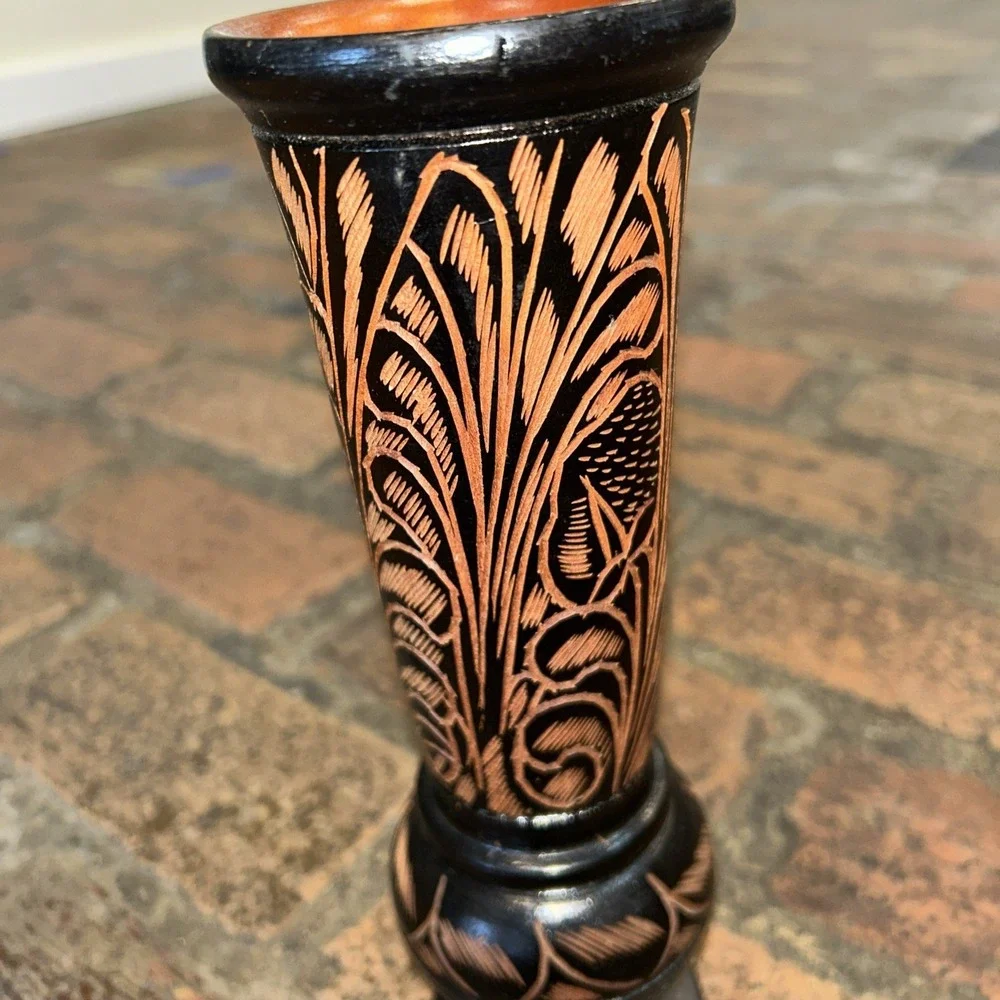 Floral Boho Vintage Tall Hand Carved Solid Red Tint Wood Vase Pedestal‎ 10